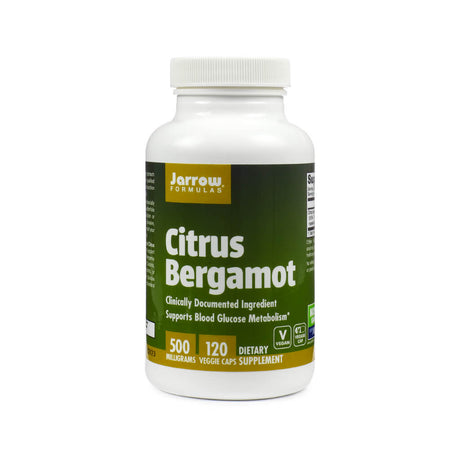 A white plastic bottle of Jarrow Formulas Citrus Bergamot dietary supplement with a green and yellow label. The label states "500 milligrams, 120 veggie caps" and highlights clinically documented support for blood glucose metabolism. The bottle has a white screw-on cap.