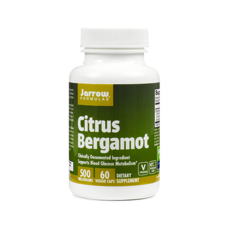 A white plastic bottle of Jarrow Formulas Citrus Bergamot dietary supplement with a green and yellow label. The label states "500 milligrams, 60 veggie caps" and mentions support for blood glucose metabolism. The bottle has a white screw-on cap.