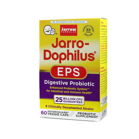 A box of Jarrow Formulas Jarro-Dophilus EPS digestive probiotic supplement with 60 Enteroguard veggie capsules. The packaging is yellow and purple, emphasizing '25 billion CFU guaranteed' and '8 clinically documented strains' to support gut health.