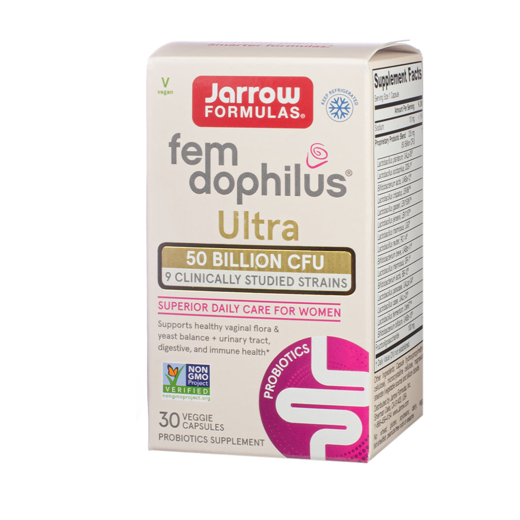 Jarrow Formulas Fem Dophilus Ultra 50 Billion CFU 30 vegan capsules box, beige and magenta with supplement facts label