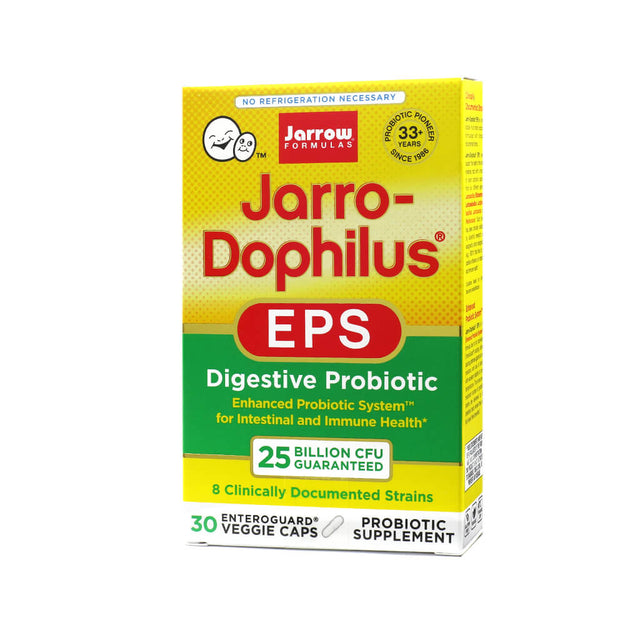 A box of Jarrow Formulas Jarro-Dophilus EPS digestive probiotic supplement, containing 30 Enteroguard veggie capsules. The packaging is yellow and green, featuring bold red text and highlighting '25 billion CFU guaranteed' with '8 clinically documented strains' for intestinal and immune health.