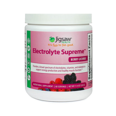 A white canister of Jigsaw Health's Electrolyte Supreme in the Berry-Licious flavor, featuring a bright pink label with mixed berries at the bottom and health claims about supporting energy and muscle function. The container notes 60 servings and a net weight of 11.4 oz (324g).