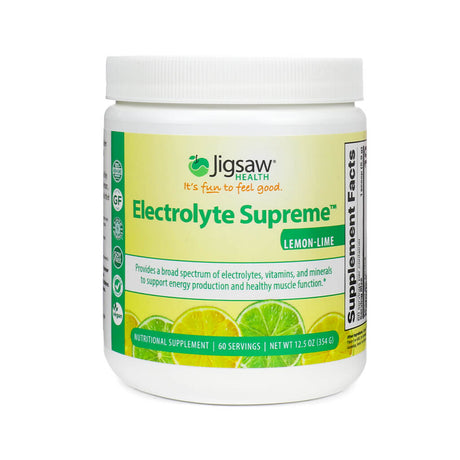 A white canister of Jigsaw Health's Electrolyte Supreme in Lemon-Lime flavor, with a fresh yellow-green label and slices of lemon and lime at the bottom. The label highlights 60 servings, a net weight of 12.5 oz (354g), and the supplement's benefits for energy and muscle health.