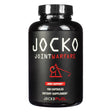 A matte black bottle of Jocko Joint Warfare dietary supplement featuring bold white and red text with a catapult illustration, emphasizing joint support. The label highlights 180 capsules and a no-nonsense design aimed at promoting mobility and recovery through a tactical, military-inspired aesthetic.