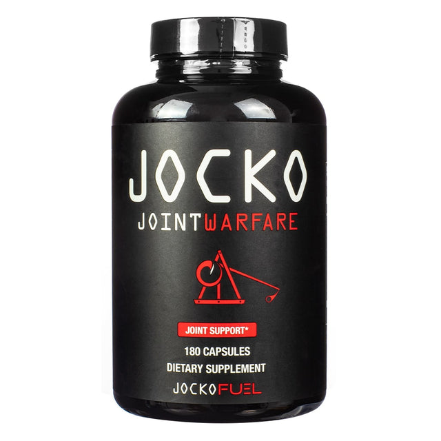 A matte black bottle of Jocko Joint Warfare dietary supplement featuring bold white and red text with a catapult illustration, emphasizing joint support. The label highlights 180 capsules and a no-nonsense design aimed at promoting mobility and recovery through a tactical, military-inspired aesthetic.