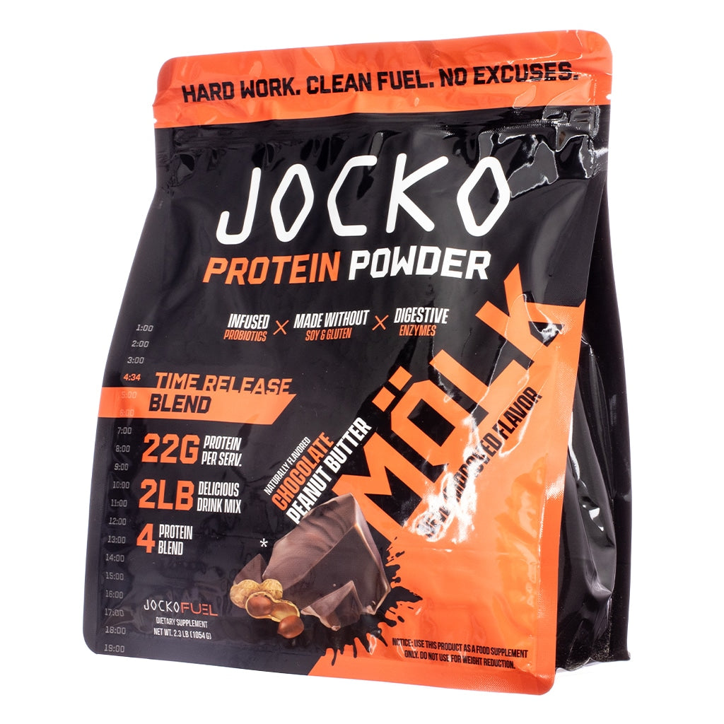 A rugged black and orange Jocko Mölk protein powder bag with a splashy image of chocolate and peanuts, emphasizing its chocolate peanut butter flavor. Includes 22g of protein per serving, a time-release blend, and is made without soy or gluten.