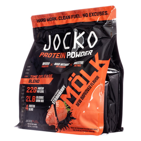A bold black and red bag of Jocko Mölk Strawberry Protein Powder labeled with “Hard Work. Clean Fuel. No Excuses.” and featuring a vibrant image of a strawberry. Highlights include 22g protein per serving, a 2lb weight, time-release blend, and probiotic-infused formula made without soy or gluten.