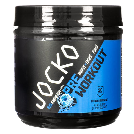 A black tub of Jocko Pre-Workout supplement with a vivid blue label design and a splashy blue raspberry illustration. It highlights benefits like energy, focus, and pump, offers 30 servings, and weighs 18.84 oz (534g).