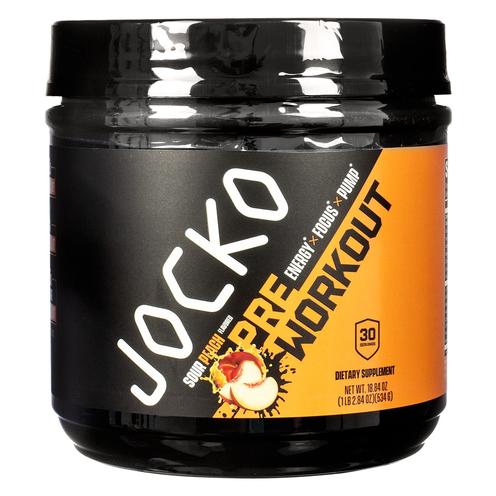 A black container of Jocko Pre-Workout in Sour Peach flavor, marked by a bold orange label and a juicy peach graphic. Emphasizes energy, focus, pump, and contains 30 servings per tub, with a net weight of 18.84 oz (534g).