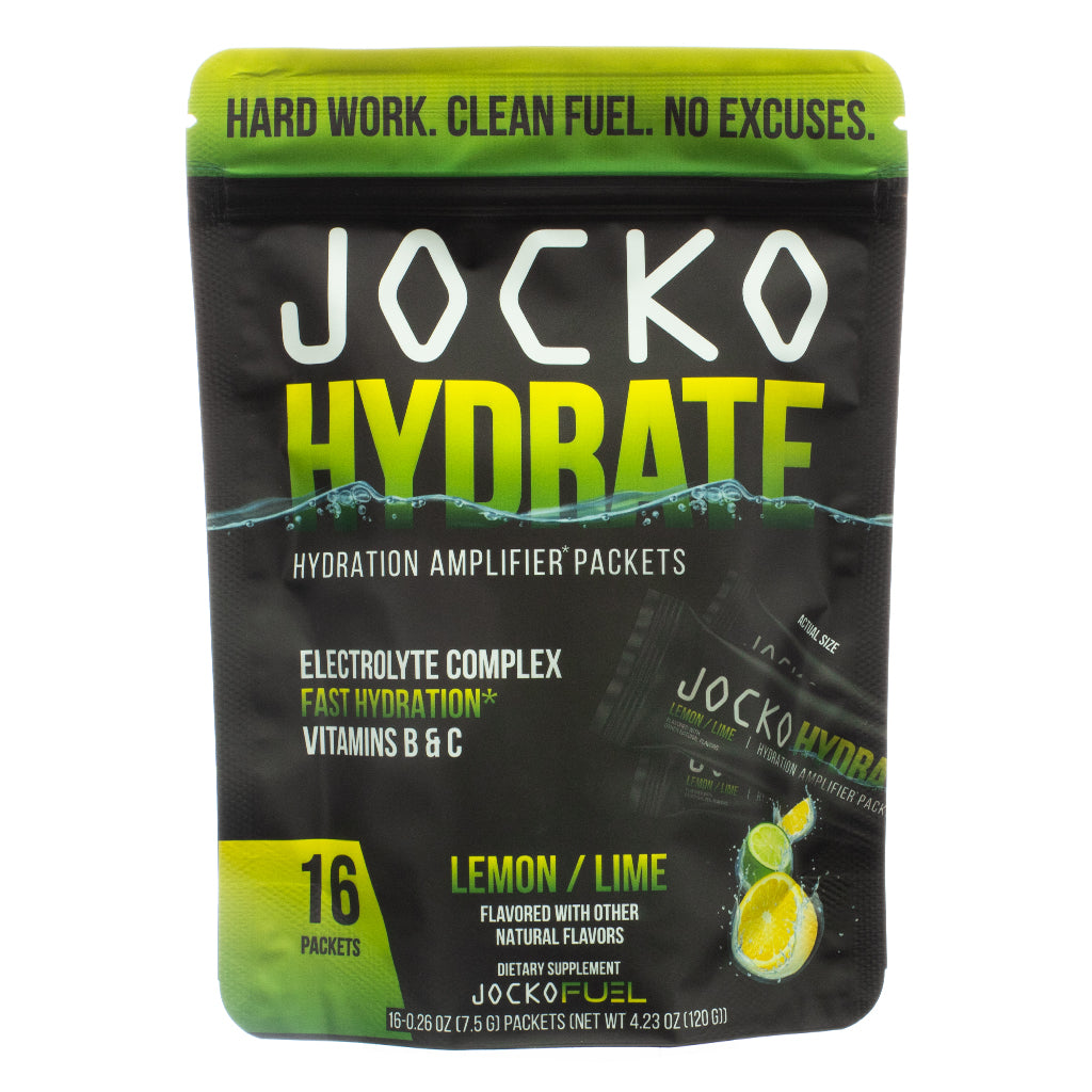 The front of Jocko Hydrate Sticks Lemon Lime 16 Packets pouch showcases its hydration amplifier formula with an electrolyte complex, fast hydration benefits, and vitamins B & C. The packaging features a vibrant lemon-lime design with individual stick packets inside.