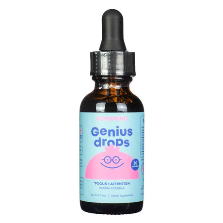 A child-friendly amber dropper bottle of JoySpring Genius Drops, featuring a light blue and pink label with a smiling brain icon wearing glasses. The label promotes focus and attention, contains 30 servings in a 1 fl. oz (30 mL) bottle, and is marketed as a herbal supplement to support kids' cognitive function.
