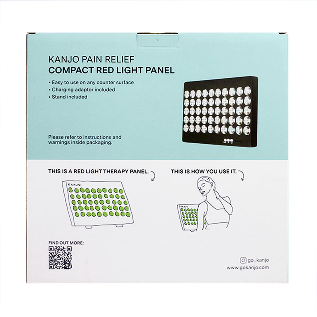 Back packaging of Kanjo Compact Red Light Panel showing usage instructions, therapy panel illustrations, and included accessories like charging adaptor and stand.
