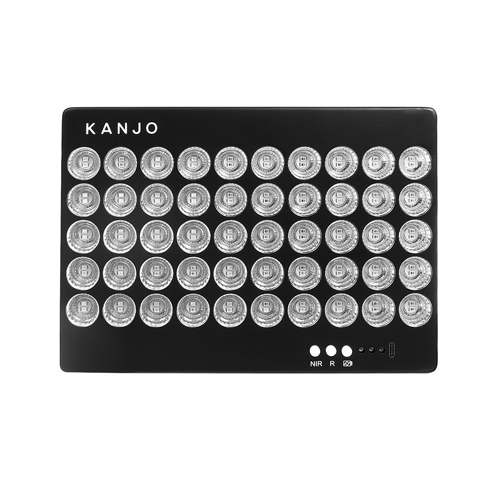 Front view of the Kanjo Compact Red Light Panel device, displaying LED light array layout and control icons for therapy settings.