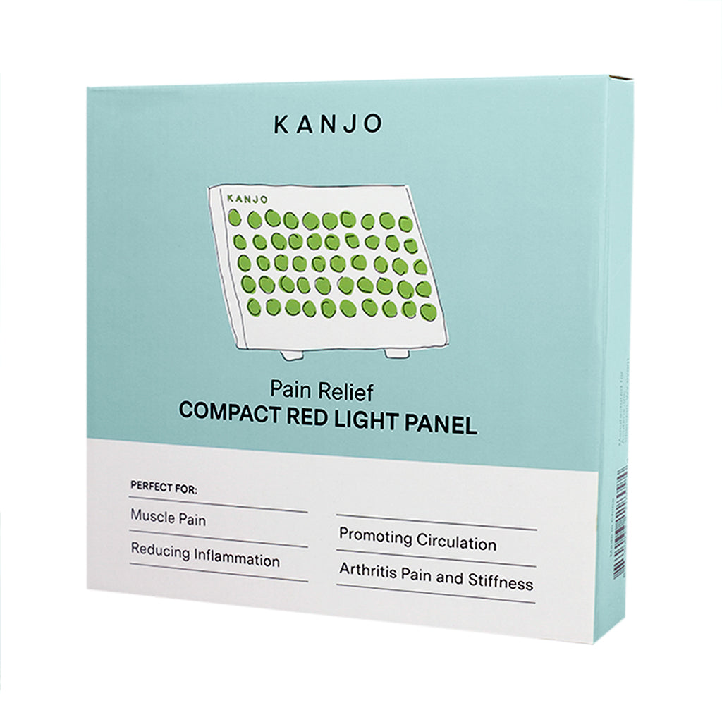 Front packaging of Kanjo Compact Red Light Panel for Pain Relief, highlighting benefits such as relief from muscle pain, inflammation, and arthritis-related stiffness.