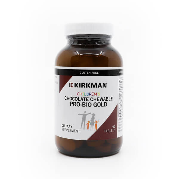 A brown bottle of Kirkman Children’s Chocolate Chewable Pro-Bio Gold, featuring a white label with brown accents and an illustration of a family. The label highlights that the product is gluten-free, contains 90 chewable tablets, and is a dietary supplement designed to support digestive health in children.