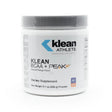 A white tub of Klean Athlete BCAA + Peak ATP powder with a silver lid and minimalist label design, featuring the NSF Certified for Sport logo. The supplement is flavored with natural orange, contains 30 servings, and has a net weight of 9.1 oz (258 g), designed to support energy and performance for athletes.