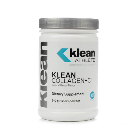 A sleek white tub of Klean Athlete Collagen+C powder with a silver lid, featuring a clean label design and NSF Certified for Sport seal. The natural berry flavored supplement comes in a 12 oz (340 g) container, offering 20 servings aimed at supporting joint, skin, and connective tissue health.
