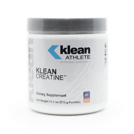 A white tub of Klean Athlete Creatine powder with a silver lid, showcasing a minimalist design and NSF Certified for Sport logo. This unflavored dietary supplement contains 11.1 oz (315 g) of creatine powder and provides 60 servings to support strength, endurance, and athletic performance.