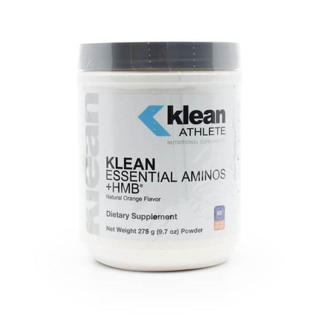 A white container of Klean Athlete Essential Aminos + HMB powder with a gray lid, designed in a clean, professional style and featuring the NSF Certified for Sport badge. This natural orange-flavored dietary supplement contains 9.7 oz (275 g) of powder and provides 30 servings to support muscle recovery and strength.
