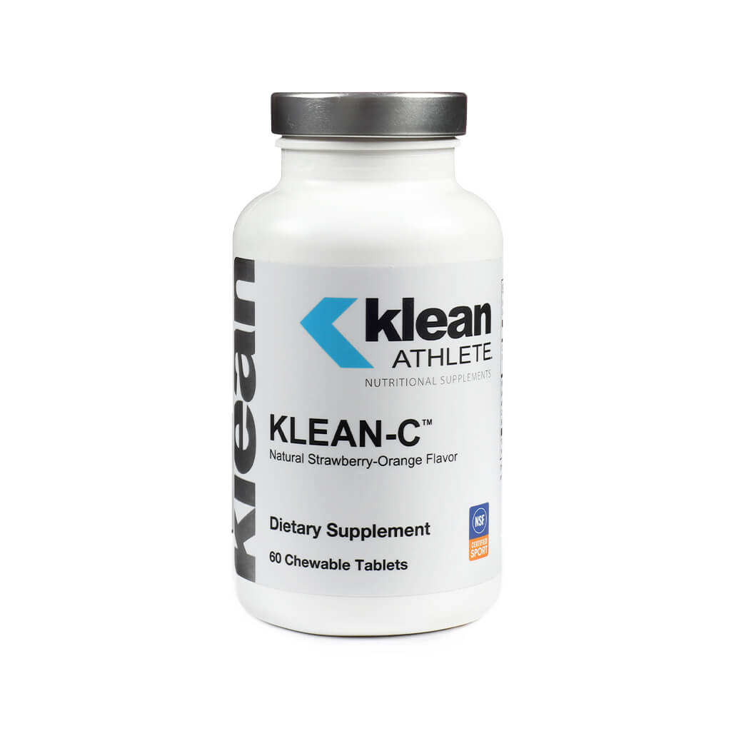 A white bottle of Klean Athlete Klean-C dietary supplement with a gray cap and minimalist label design. This NSF Certified for Sport product contains 60 chewable tablets in a natural strawberry-orange flavor, providing immune support with a clean formulation for athletes.