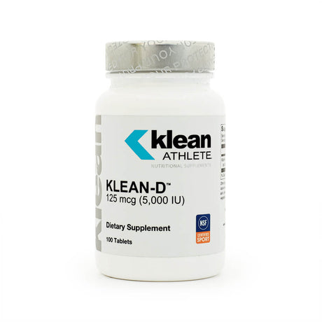 A white bottle of Klean Athlete Klean-D vitamin D supplement with a silver safety-sealed cap and clean, minimalist labeling. This NSF Certified for Sport product contains 100 tablets, each delivering 125 mcg (5,000 IU) of vitamin D to support bone, muscle, and immune health.