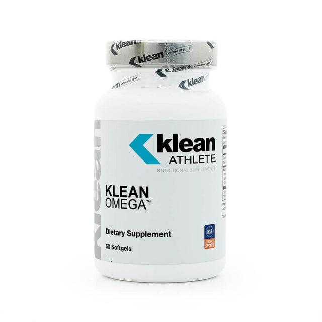 A white bottle of Klean Athlete Klean Omega dietary supplement sealed with Klean-branded foil and labeled with the NSF Certified for Sport mark. The bottle contains 60 softgels formulated to support cardiovascular, neurological, and joint health with high-quality omega-3 fatty acids.