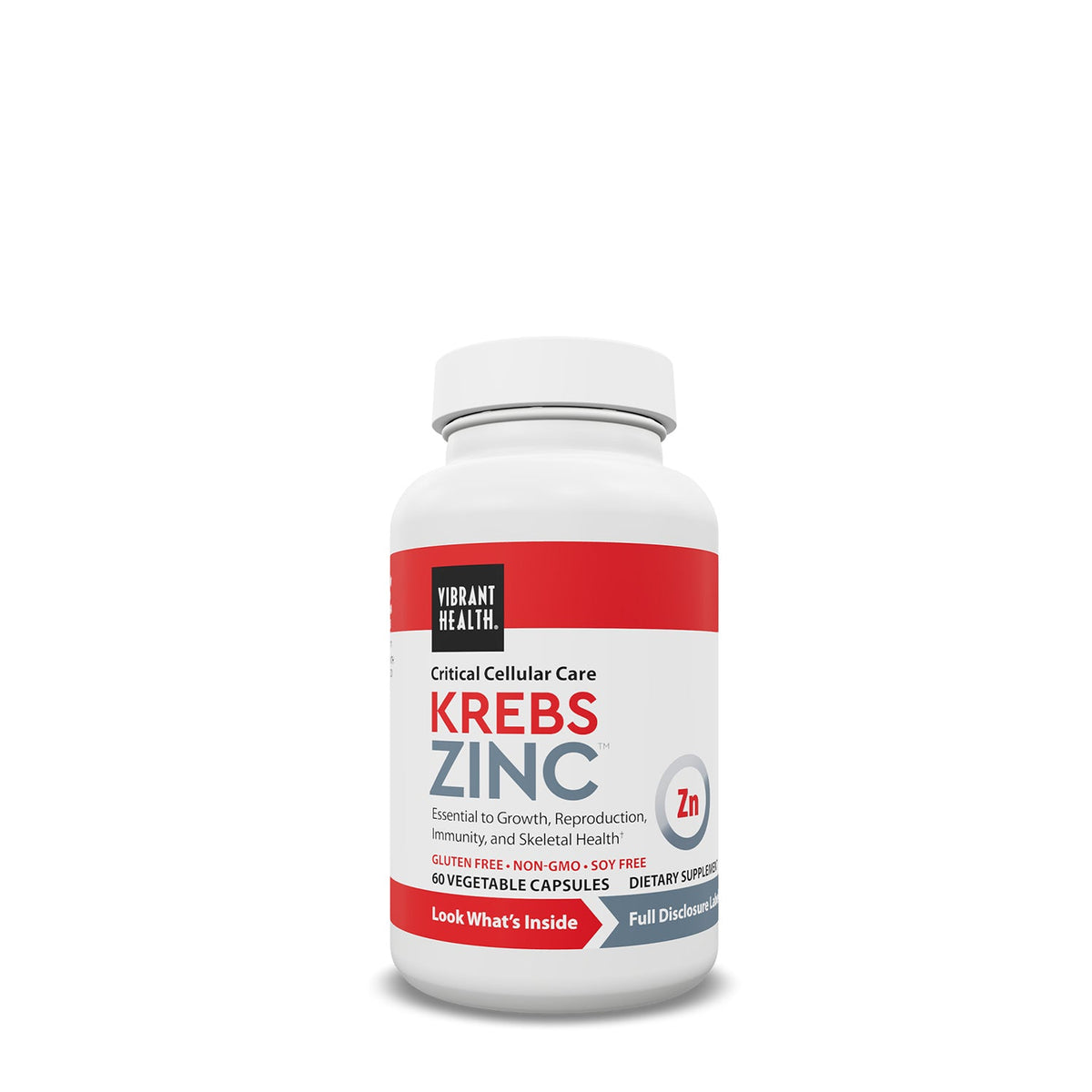 Vibrant Health Krebs Zinc 30 mg, 60 vegetable capsules, white bottle with red label