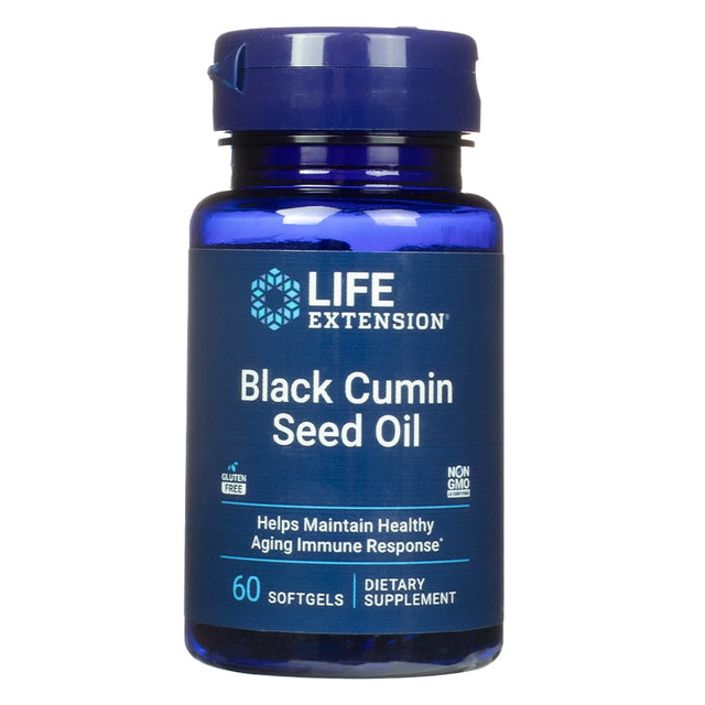 A dark blue bottle of Life Extension Black Cumin Seed Oil featuring a matching blue flip-top cap and clean white text on the label. The supplement contains 60 softgels and is marketed to help maintain a healthy aging immune response, with gluten-free and non-GMO certifications.