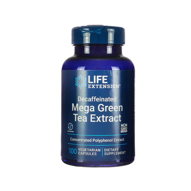 A dark blue bottle of Life Extension Decaffeinated Mega Green Tea Extract with a deep blue cap and a bold label design. The supplement offers 100 vegetarian capsules of concentrated polyphenol extract, is non-GMO, and designed to support antioxidant health without caffeine.