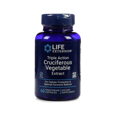 A dark blue bottle of Life Extension Triple Action Cruciferous Vegetable Extract with a secure blue cap and crisp white text. The label promotes cellular protection and optimal hormone balance, contains 60 vegetarian capsules, and is both gluten-free and non-GMO certified.