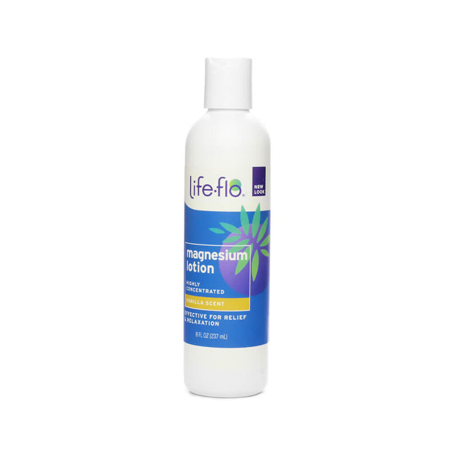 A tall white bottle of Life-Flo Magnesium Lotion featuring a blue and purple label with green leaf graphics and the text "new look." This 8 fl. oz (237 mL) lotion is vanilla-scented, highly concentrated, and designed to provide topical relief and support relaxation.