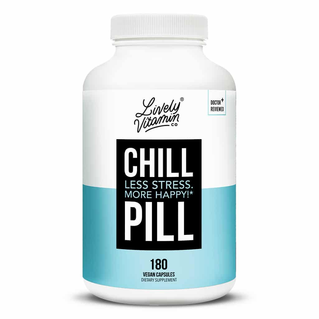 Large white bottle of Lively Vitamin Co. Chill Pill dietary supplement with a blue and black label that reads "CHILL PILL – Less Stress. More Happy!" Contains 180 vegan capsules and is labeled as doctor-reviewed.