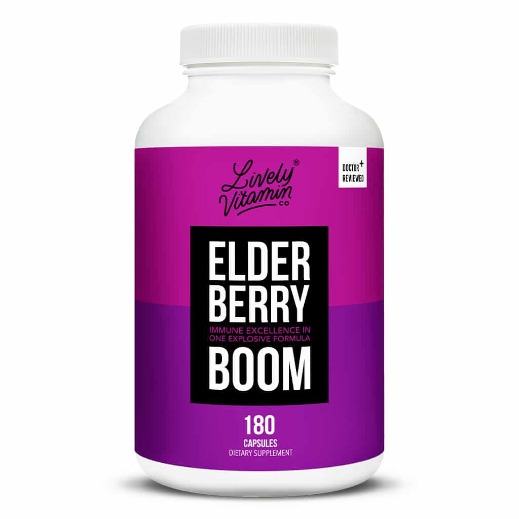 A white supplement bottle with a bold pink and purple label labeled “Lively Vitamin Co. Elderberry Boom – Immune excellence in one explosive formula,” containing 180 capsules.