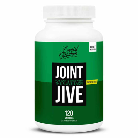 A white bottle of Lively Vitamin Co. "Joint Jive" dietary supplement with a green label, featuring bold white text that reads “For joints that need their jive back!” and a yellow callout noting “Shellfish free”; the bottle contains 120 capsules and is labeled “Doctor Reviewed.”