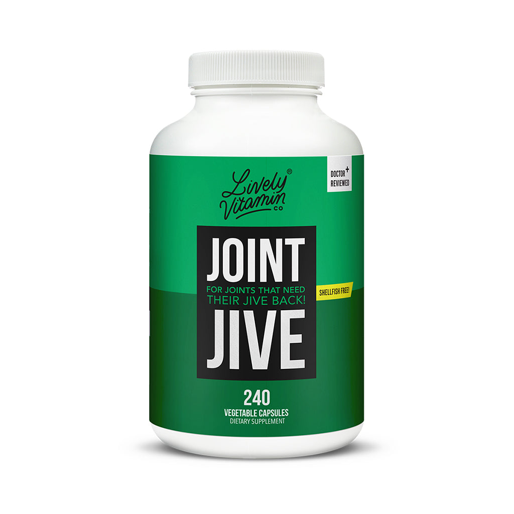 A white plastic bottle with a white cap, labeled "Lively Vitamin Co. Joint Jive." The green and black label displays white text and advertises it as a joint support supplement that is shellfish-free. Contains 240 vegetable capsules.