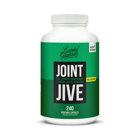 A white plastic bottle with a white cap, labeled "Lively Vitamin Co. Joint Jive." The green and black label displays white text and advertises it as a joint support supplement that is shellfish-free. Contains 240 vegetable capsules.