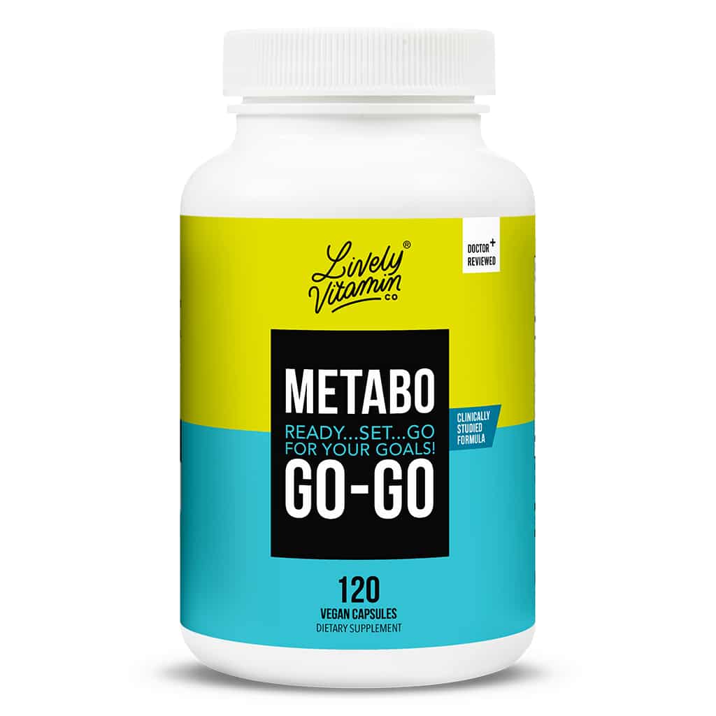 A white bottle of Lively Vitamin Co. "Metabo Go-Go" supplement with a bold yellow and teal label, reading “Ready...Set...Go for your goals!” and “Clinically studied formula.” Contains 120 vegan capsules and is labeled “Doctor Reviewed.”