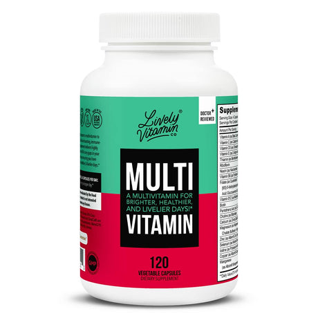 A smaller white bottle of Lively Vitamin Co. Multivitamin featuring the same green and red label design with the phrase “A multivitamin for brighter, healthier, and livelier days!” This version contains 120 vegetable capsules and also carries the “Doctor Reviewed” badge.