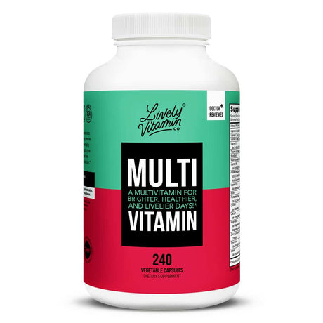 A white bottle of Lively Vitamin Co. Multivitamin with a green and red label that reads “A multivitamin for brighter, healthier, and livelier days!” Contains 240 vegetable capsules and is labeled “Doctor Reviewed.”