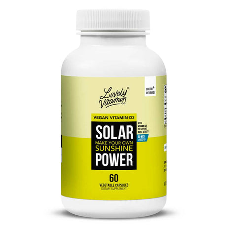 A smaller white bottle of Lively Vitamin Co. Solar Power featuring the same bright yellow label design, offering 60 vegetable capsules of vegan vitamin D3 with Vitamin K2 for bone health, and marked “Doctor Reviewed.”