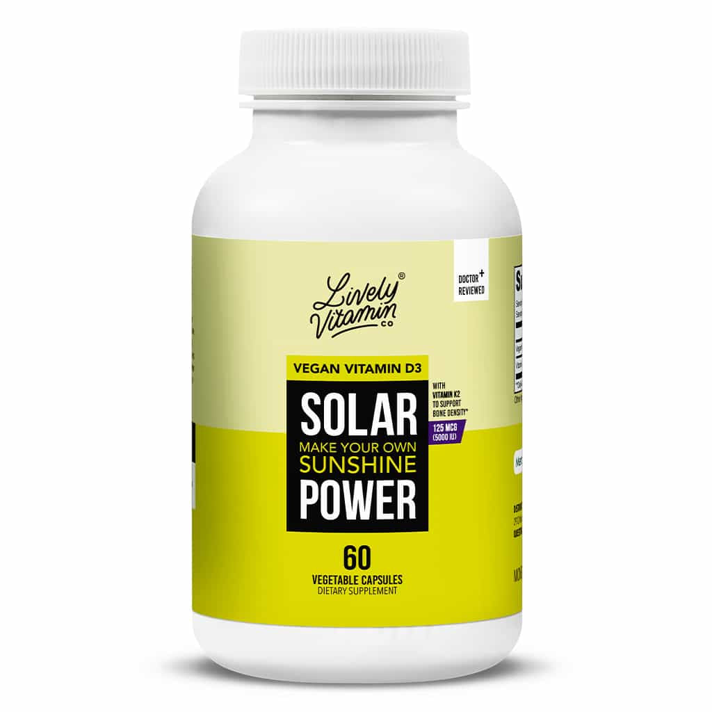 A smaller white bottle of Lively Vitamin Co. Solar Power featuring the same bright yellow label design, offering 60 vegetable capsules of vegan vitamin D3 with Vitamin K2 for bone health, and marked “Doctor Reviewed.”