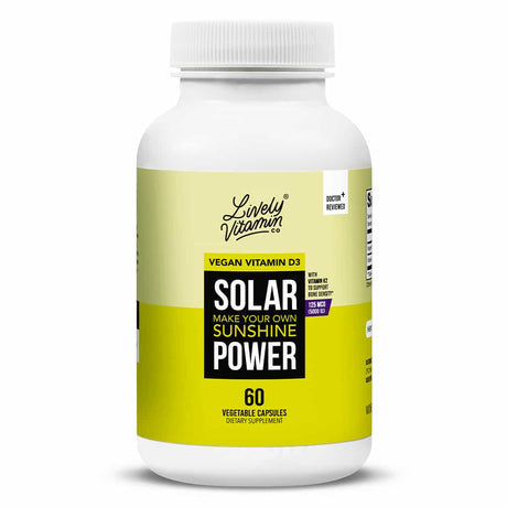 A smaller white bottle of Lively Vitamin Co. Solar Power featuring the same bright yellow label design, offering 60 vegetable capsules of vegan vitamin D3 with Vitamin K2 for bone health, and marked “Doctor Reviewed.”