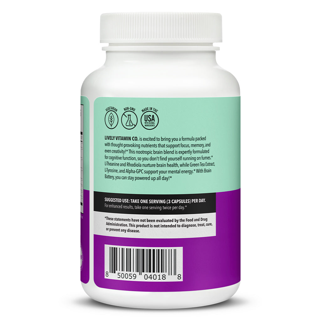 Side label of Lively Vitamin Co. Brain Battery 90 Capsules describing benefits like support for memory, focus, and brain energy. The suggested use is one serving (3 capsules) daily, with icons for vegetarian, non-GMO, and made in the USA.