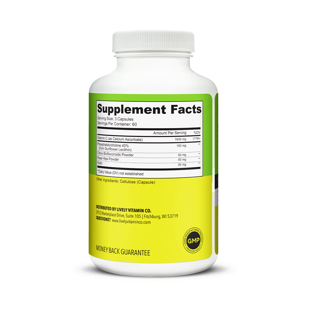 Supplement facts panel of Lively Vitamin Co. Citrus Kick 180 Vegetable Capsules, showing 1600mg of vitamin C per serving, with phosphatidylcholine, citrus bioflavonoids, rose hips powder, and rutin. Includes serving size, ingredient details, and distributor info at the bottom.