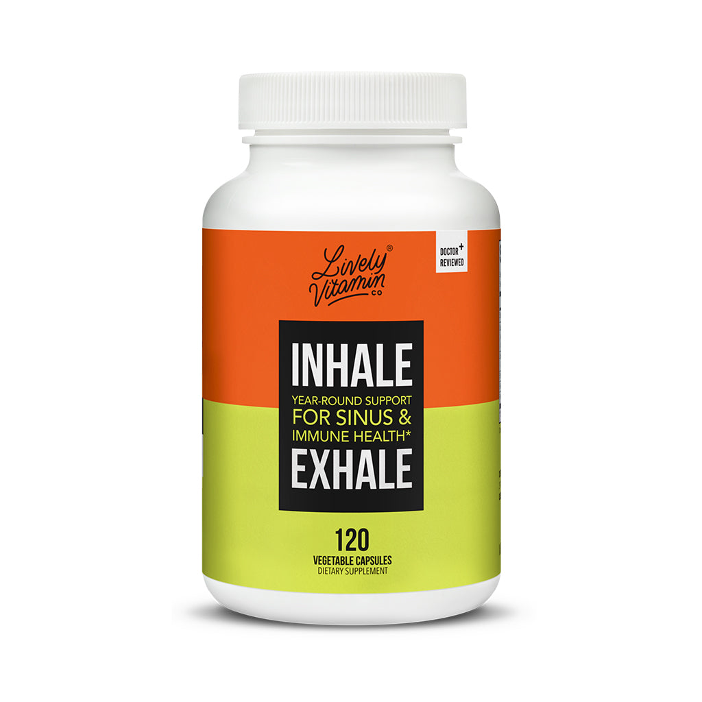 Lively Vitamin Co. Inhale Exhale supplement bottle with a two-tone orange and lime green label. Text on the front reads “Year-Round Support for Sinus & Immune Health,” and the bottle contains 120 vegetable capsules.