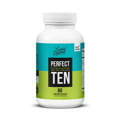 White bottle of Lively Vitamin Co. Perfect Ten with a teal and lime green label, featuring the text “Restore, Rejuvenate, and Feel Fabulous.” Contains 60 vegetable capsules designed as a dietary supplement.