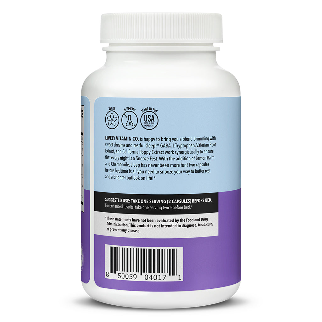 Lively Vitamin Co. Snooze Fest, 120 Vegetable Capsules, back label view. The label describes a synergistic sleep formula featuring GABA, L-Tryptophan, Valerian Root, California Poppy, Lemon Balm, and Chamomile to promote restful sleep. Icons for vegan, non-GMO, and made in the USA are shown at the top. Suggested use is 2 capsules before bed, with an option for enhanced use twice daily. Includes FDA disclaimer and barcode.