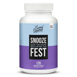 Lively Vitamin Co. Snooze Fest, 120 Vegetable Capsules, front label view. Features a two-tone light blue and purple design, with bold central text: “Snooze Fest – Sleep Has Never Been More Fun.” The product is doctor-reviewed, vegan, and classified as a dietary supplement.