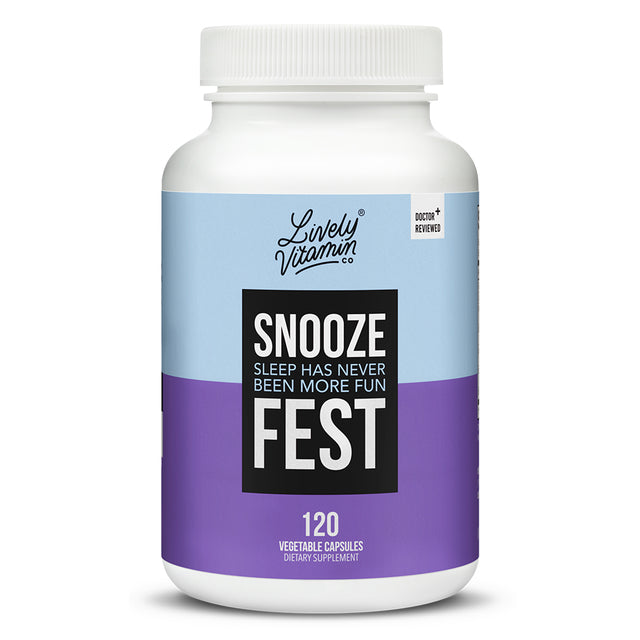 Lively Vitamin Co. Snooze Fest, 120 Vegetable Capsules, front label view. Features a two-tone light blue and purple design, with bold central text: “Snooze Fest – Sleep Has Never Been More Fun.” The product is doctor-reviewed, vegan, and classified as a dietary supplement.