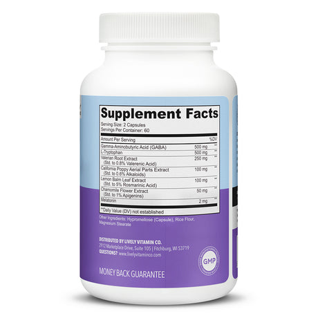 Lively Vitamin Co. Snooze Fest, 120 Vegetable Capsules, supplement facts panel. Each serving of 2 capsules includes 500 mg of GABA, 500 mg of L-Tryptophan, 250 mg of Valerian Root Extract, 100 mg each of California Poppy and Lemon Balm Leaf Extract, 50 mg of Chamomile Flower Extract, and 2 mg of Melatonin. Also lists hypromellose capsule, rice flour, and magnesium stearate as other ingredients. Distributed by Lively Vitamin Co. with GMP and money-back guarantee.